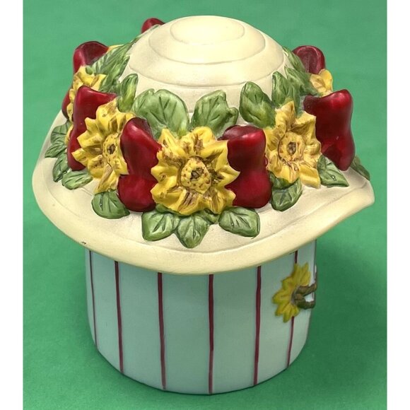 VTG Willow Hall Jane Asher 3.5" Straw Hat Ceramic TRINKET BOX Red Ribbons EUC - Picture 3 of 6
